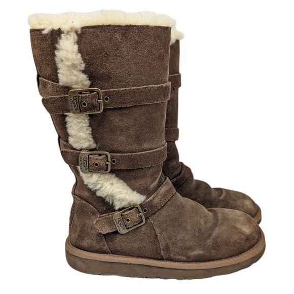 UGGs Winter Boots Womens 6 Big Kids 4 Maddie Brown Suede Shearling Buckles - Picture 1 of 12